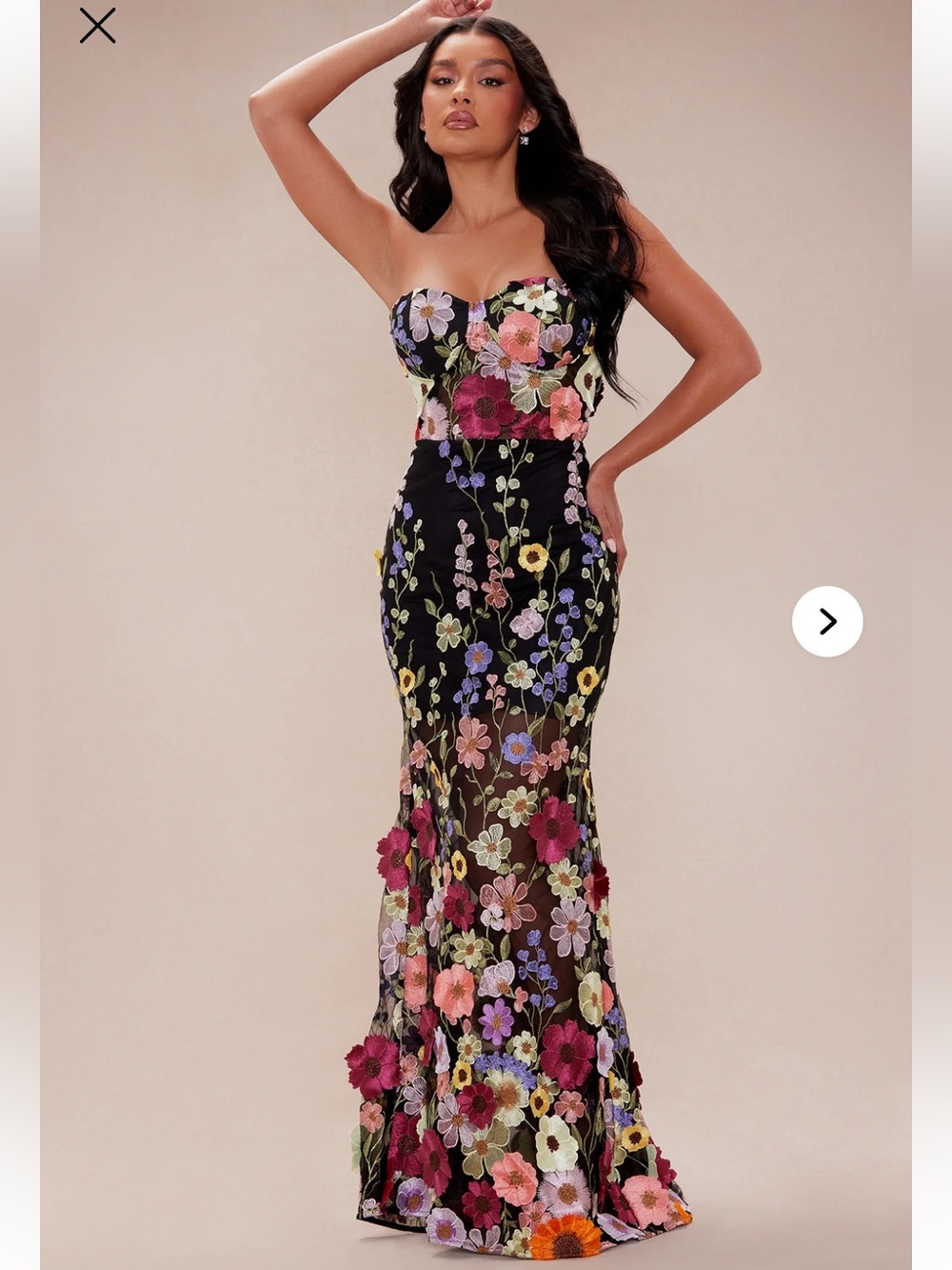 Fashion Nova Spring Bloom Floral Embroidered Maxi Dress M Black NWT Strapless 3D